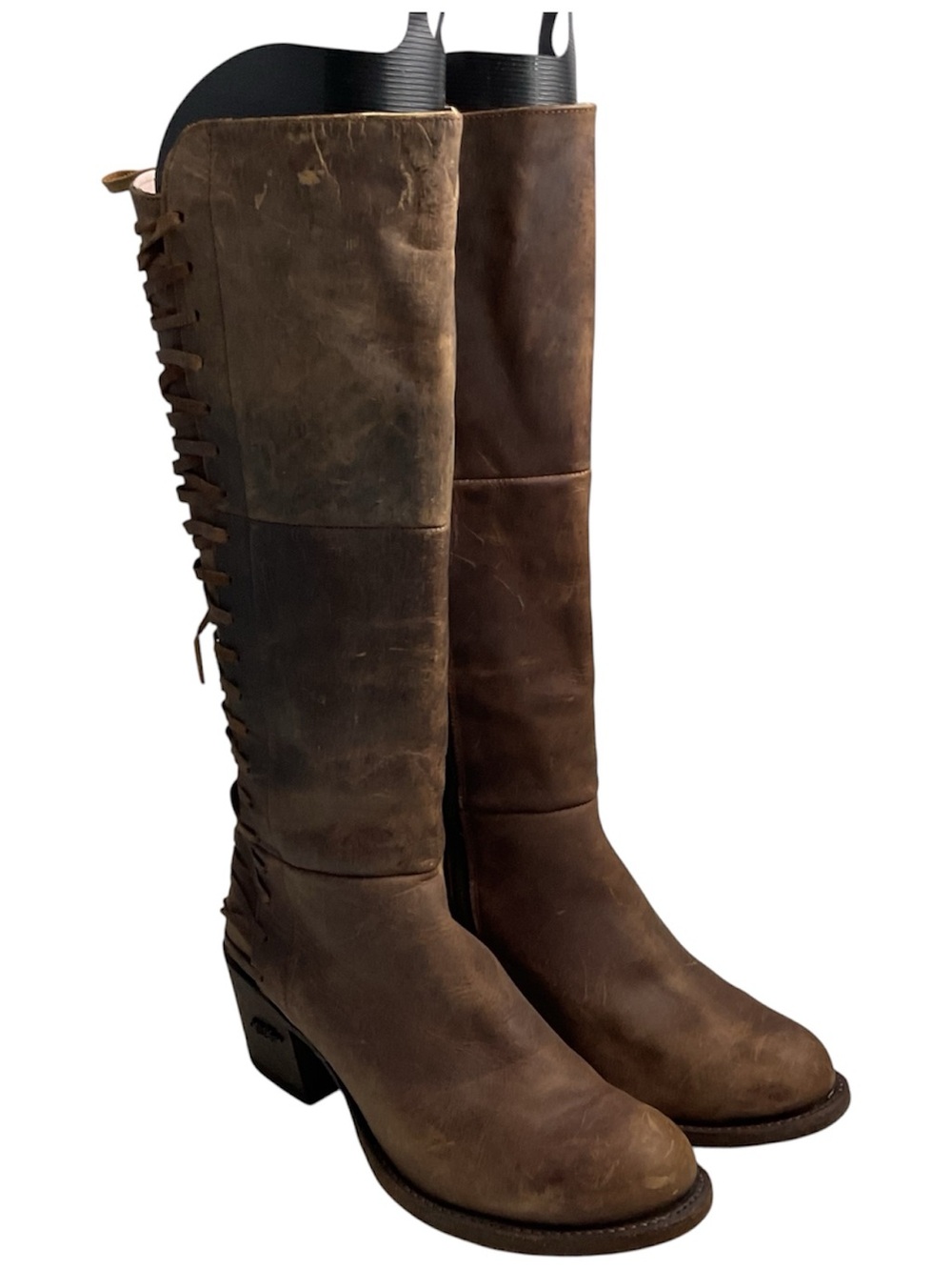Miss Macie Brown Leather Tall Riding Lace-Back Side Zip Boots Women’s Size 9M